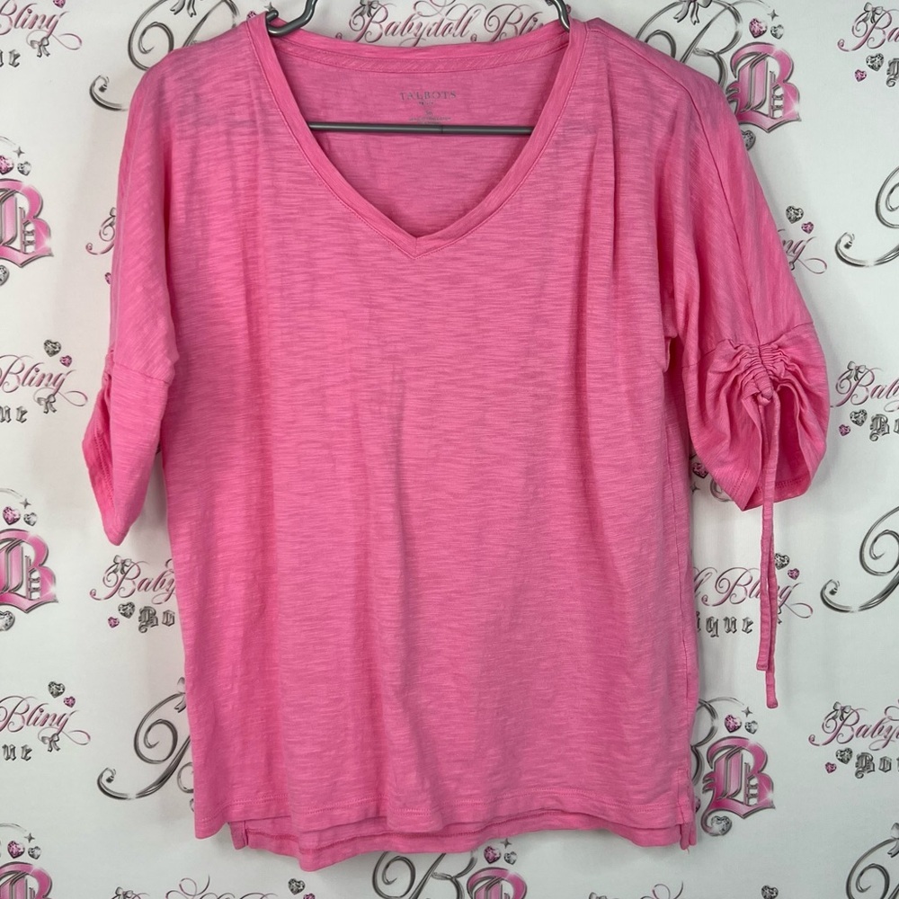 Talbots tee tshirt soft comfy Pink V-Neck Blouse with Ruched Sleeves